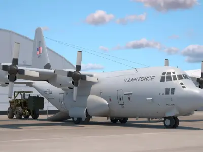 Forklift Loads Cargo to the Lockheed C 130 Hercules 
