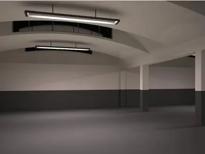 Warehouse long hallway with arches and lights Low-poly 3D model