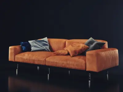 Naviglio orange leather sofa with pillows 3D model