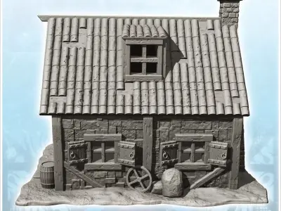Medieval house with tiled roof floor window and accessories 3 -  3D print model