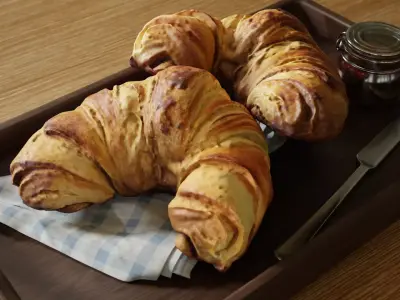 Croissants full set with Tray Knife Jar and Napkin 3D model