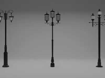 Triple head straight lamp Low-poly 3D model