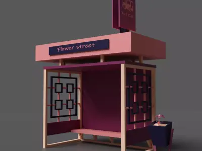 Pink bus stop - with flower Low-poly 3D model