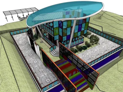 Galleria futuristic glass house at dusk 3D model