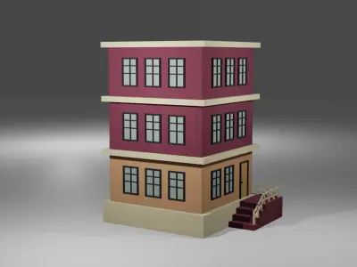 Low Poly Building three story Low-poly 3D model