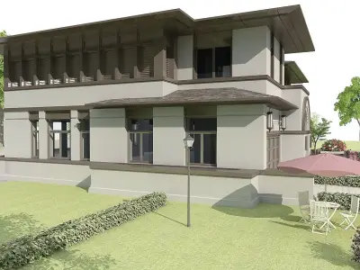 Contemporary House Exterior with Patio and Greenery 3D model