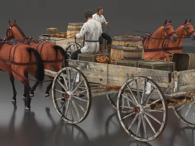  Medieval Peasant with Wagon and Horses 