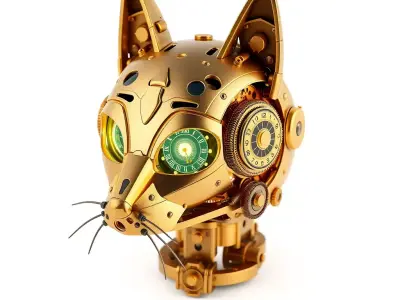 Golden Steampunk Robotic Cat Head Low-poly 3D model