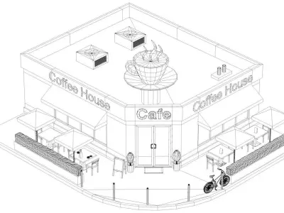 Low Poly Corner Coffee Shop exterior interior Low-poly 3D model