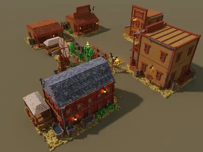 Wild West Outdoors Theme 3D Voxel Models Bundle Low-poly models Low-poly 3D model