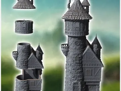 Medieval stone tower with adjoining house balconies and fireplac 3D print model