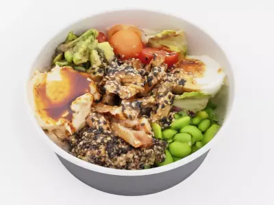 Poke bowl striped prawn or caramote prawn and Teriyaki sauce 3D model