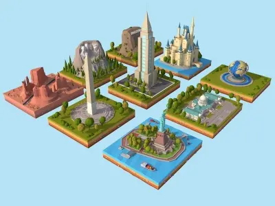 Cartoon Low Poly USA Landmarks Pack Low-poly 3D model