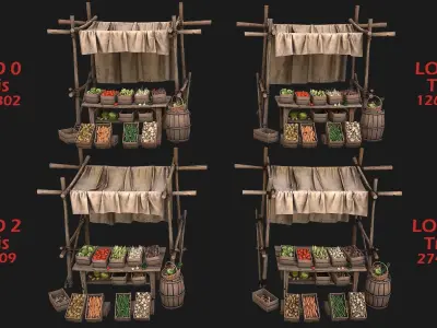 Medieval Market Vegetable Stalls Tent Pack Low-poly 3D model