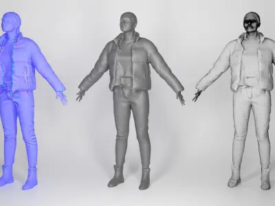 Charming blonde woman in black down jacket in A-pose 166 Low-poly 3D model