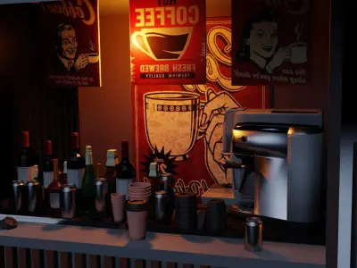 Coffee Station with Clock and Snow Low-poly 3D model