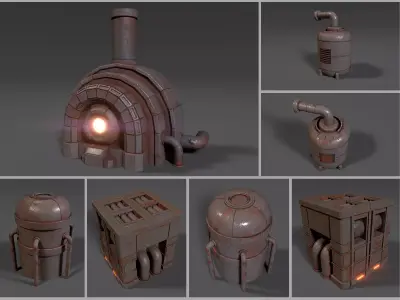 Sci-fi reactor - cooling module and other machinery - 4 pieces Low-poly 3D model