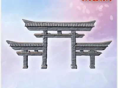 Torii gate with three arched sections and detailed textured wood 3D print model