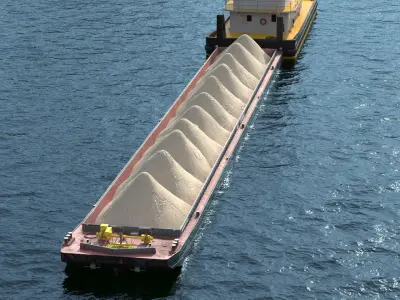  Tugboat Transported Hopper Barge with Sand on Water 