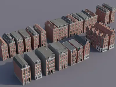 Netherlands Dutch Style Traditional Brick Row Houses Set Low-poly 3D model