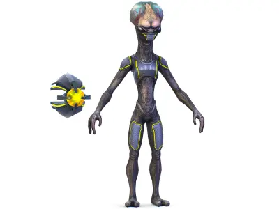 Low Poly Armored Skinny Grey Alien UFO Low-poly 3D model