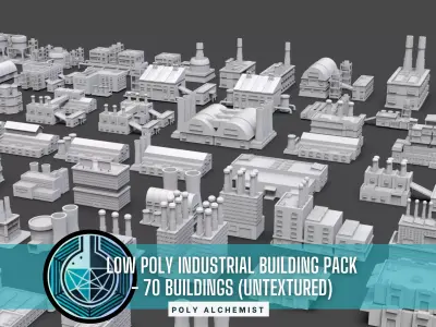 Low Poly Industrial Building Pack Of 70 -Game Ready -Untextured Low-poly 3D model