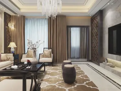 living room with dining room 3D model 3D model