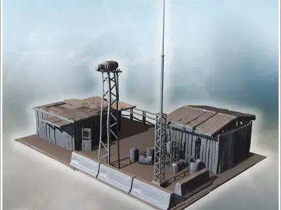 Small industrial complex with corrugated metal roofs water tower 3D print model