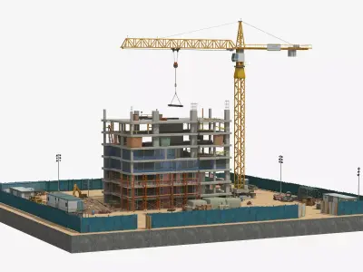 Construction Site with Building and Construction Vehicles Low-poly 3D model