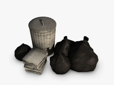 Trash Collection three cans and garbage bag Low-poly 3D model