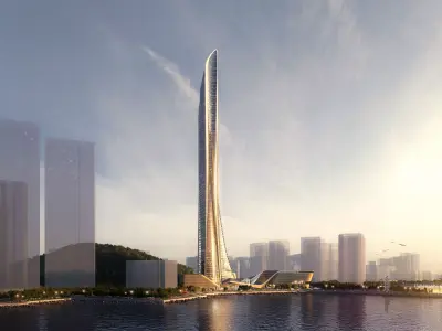 Futuristic Skyscraper Tower by the Waterfront 3D model
