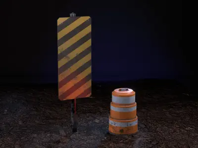 Beware black-yellow sign and orange cone gameready Low-poly 3D model