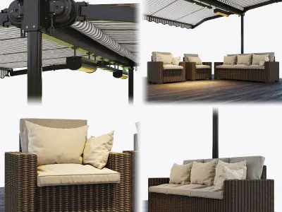 Two sided casset awning with rattan garden furniture  3D model