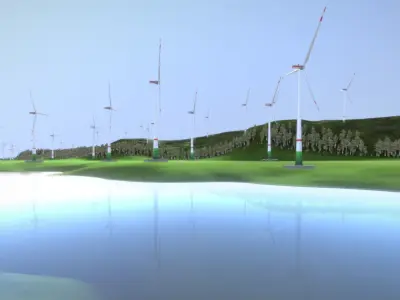 Animated Wind Turbine 250m and Windpark in the Valley Scene 3D Model Pack