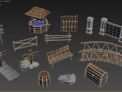 Rustic set Low-poly trees and plants Low-poly 3D model