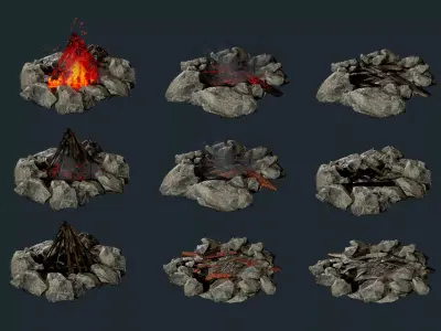 Camp Fire Pit Pack 01 Game Ready Low-poly 3D model