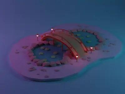 Pond Low Poly bridge in middle of lake Low-poly 3D model