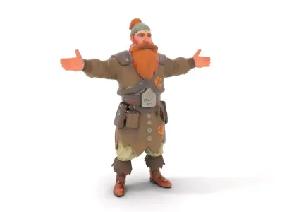 Rigged and Animated Dwarf Warrior with Beard and Armor Low-poly 3D model
