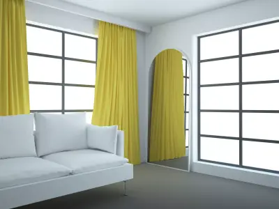 Living room with wide windows sofa arch mirror and curtains 3D model