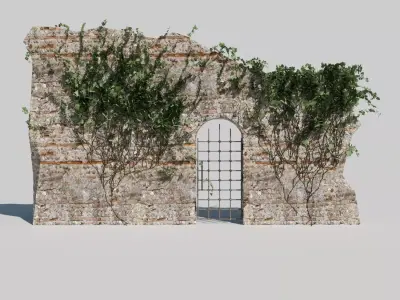 Rustic Stone Facade with Aged Metal Door and Foliage 3D model
