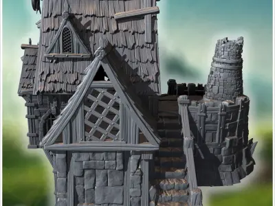 Expansive guild hall featuring decorative woodwork stone foundat 3D print model