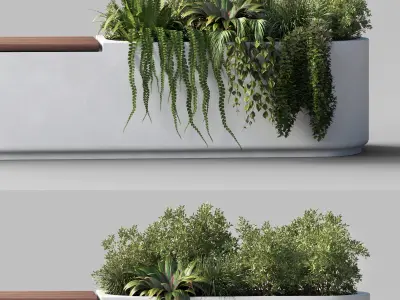 Deco Street furniture Green Benches Plants fern grass bush 15 Low-poly 3D model