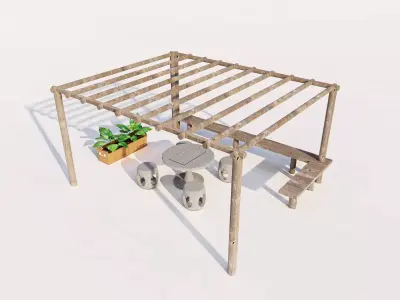 Modern Pergola Shade  with Stone Sitting Low-poly 3D model