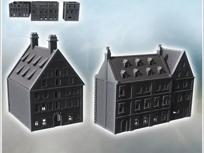 Set of two large modern brick buildings with sloping roofs and d 3D print model