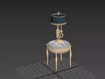 Classical Marble-Top Bedside Table with Ornate Lamp 3D model