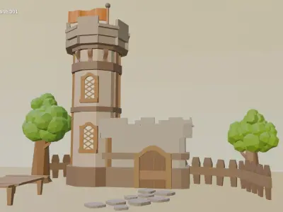 Small village castle Low-poly 3D model