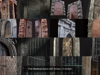 Five Medieval Doors with Arches 3D Model Pack