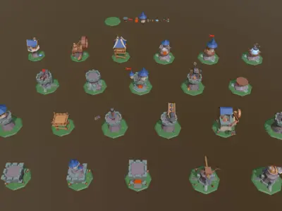 Defense Set 1 of miniature castles and towers Low-poly 3D model