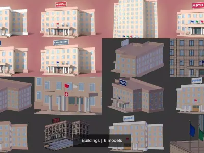 Cartoon Building - School University Hotel Motel Hospital Police 3D Model Pack