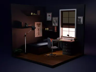 isometric study room Low-poly 3D model
